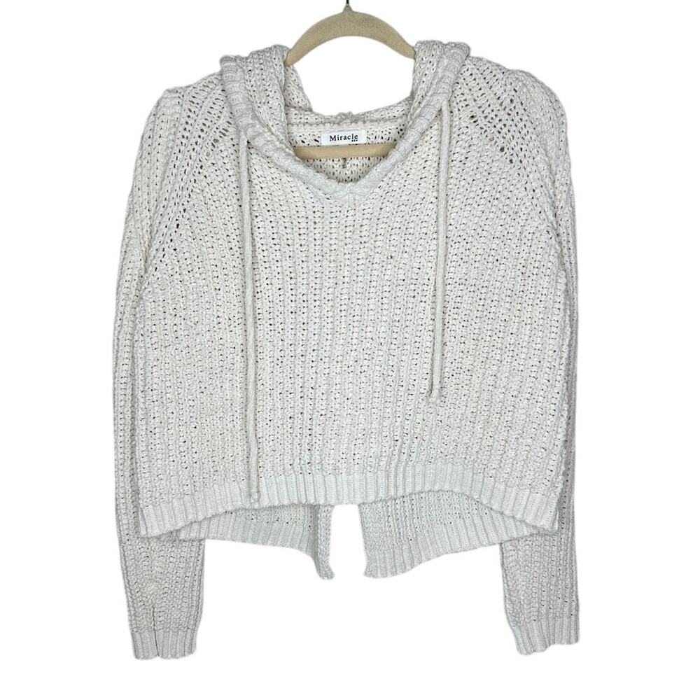 Miracle Slit Back Hoodie Sweater Chunky Knit Cropped Cream White M/L Boho